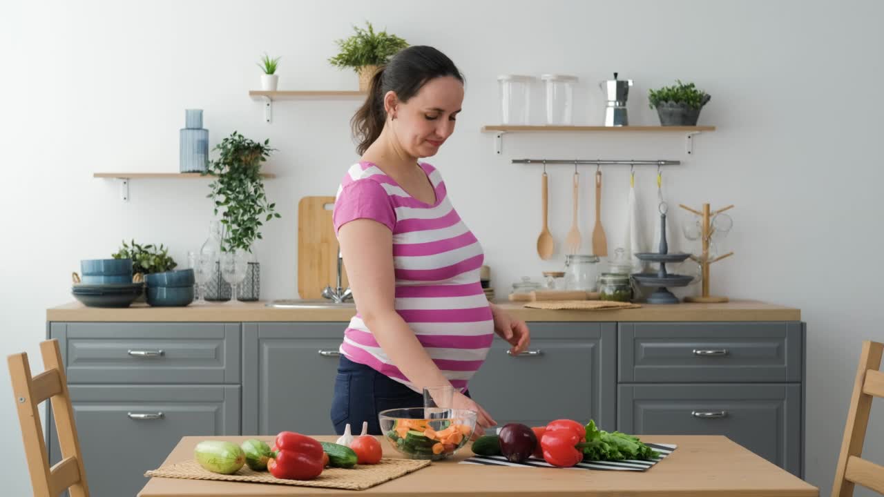 孕妇在厨房服用维生素片视频素材