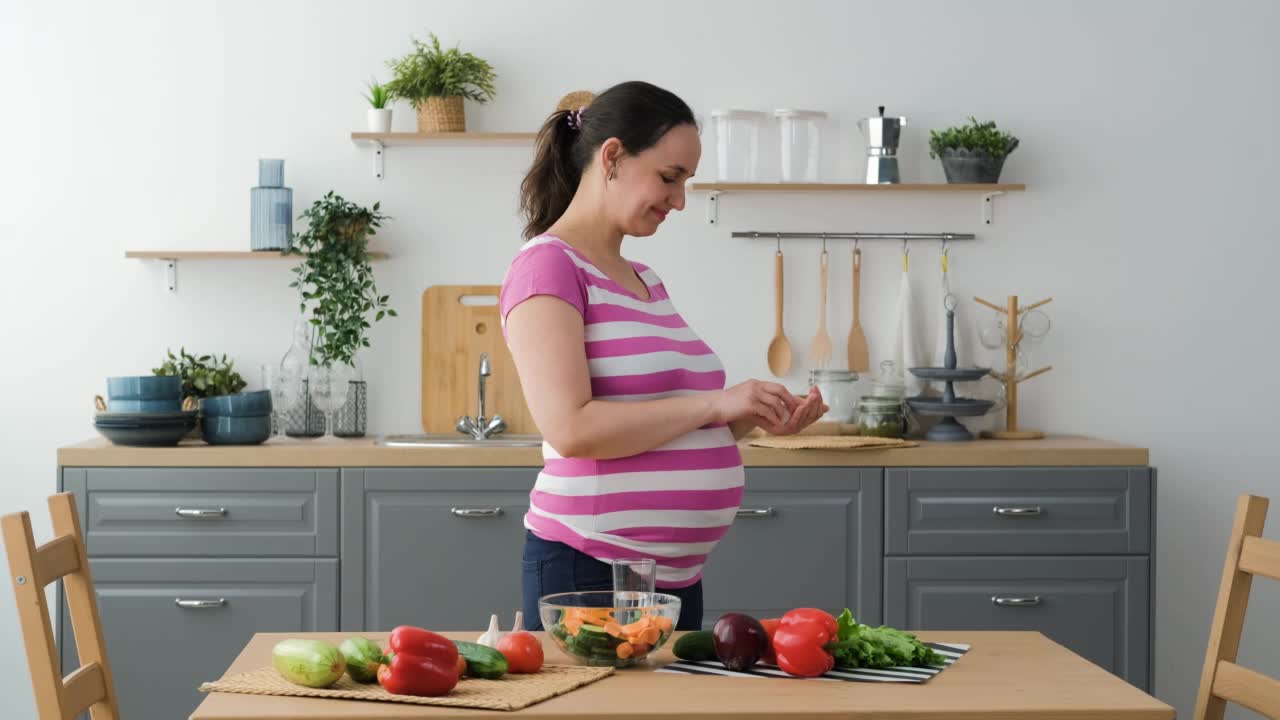孕妇正在服用维生素和矿物质视频素材