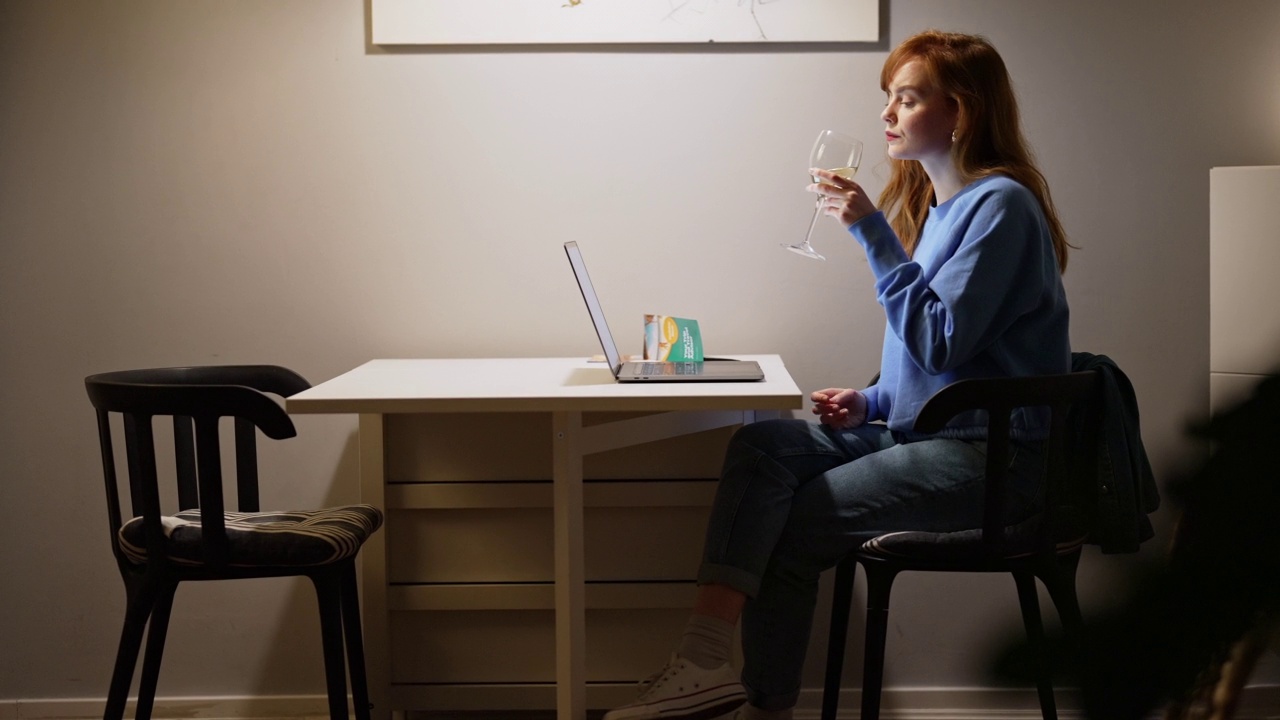 年轻女子在家边喝酒边使用笔记本电脑视频下载