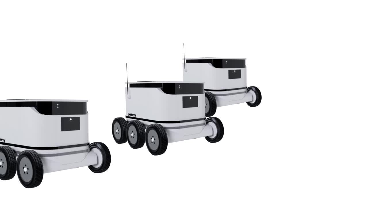 三个自动送货机器人3D动画孤立在白色背景。未来智能技术。无人驾驶机器人送货不需要人工干预。4 k视频下载