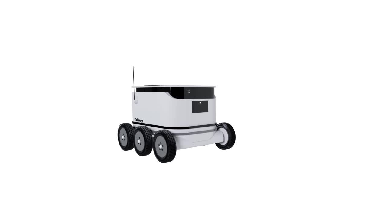 自动送货机器人3D动画孤立在白色背景。未来智能技术。无人驾驶机器人送货不需要人工干预。4 k视频下载