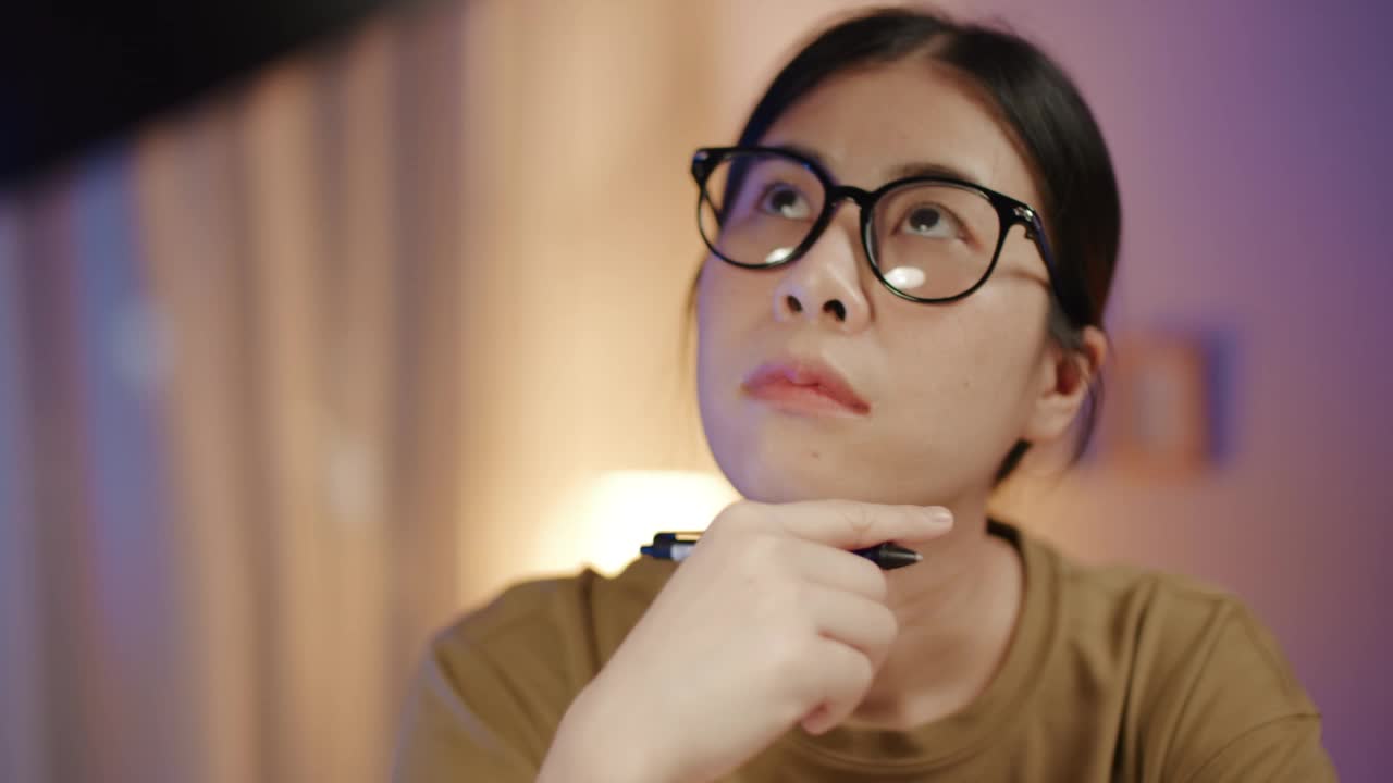 亚洲女性在晚上工作时思考视频素材
