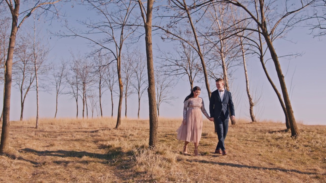 新娘和新郎牵着手一起走在草地上视频素材