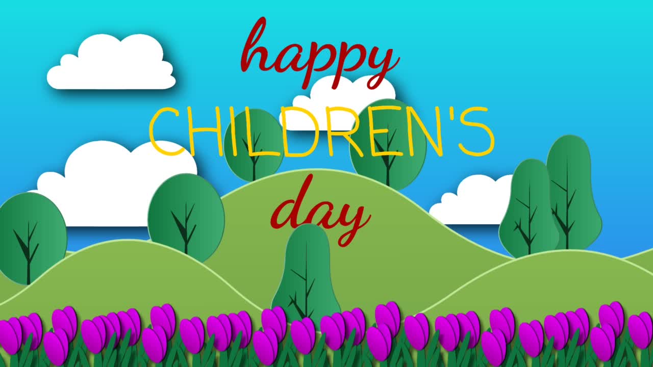快乐的儿童节动画与绿色的树和鲜花在草地上的山区。孩子梦想的背景。视频下载