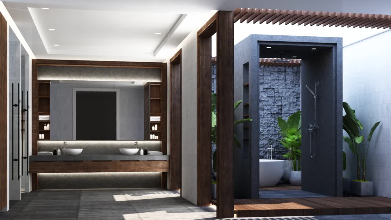 现代现代的木质浴室设计，木地板和白色大理石墙壁，内置镜面台面盆与卫生间和户外雨淋与天窗。逼真的室内3d渲染视频下载