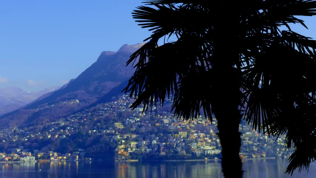 高山湖卢加诺和城市全景视频素材