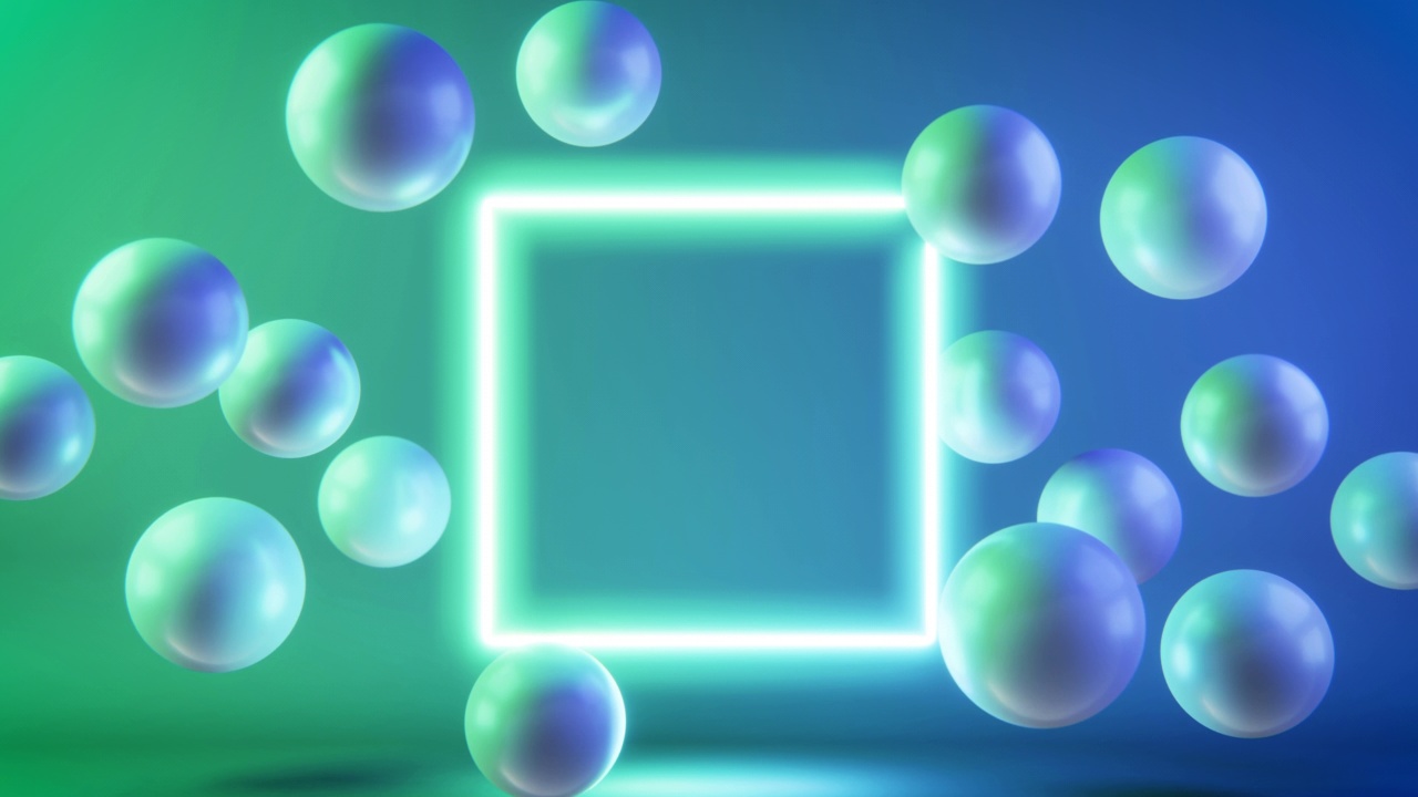 4k视频的球在运动和正方形在蓝绿色的背景。视频下载