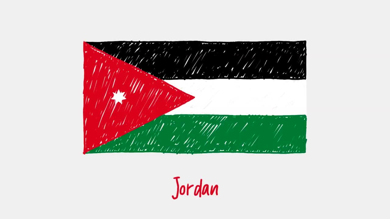 约旦国家国旗标记板或铅笔彩色素描循环动画视频下载
