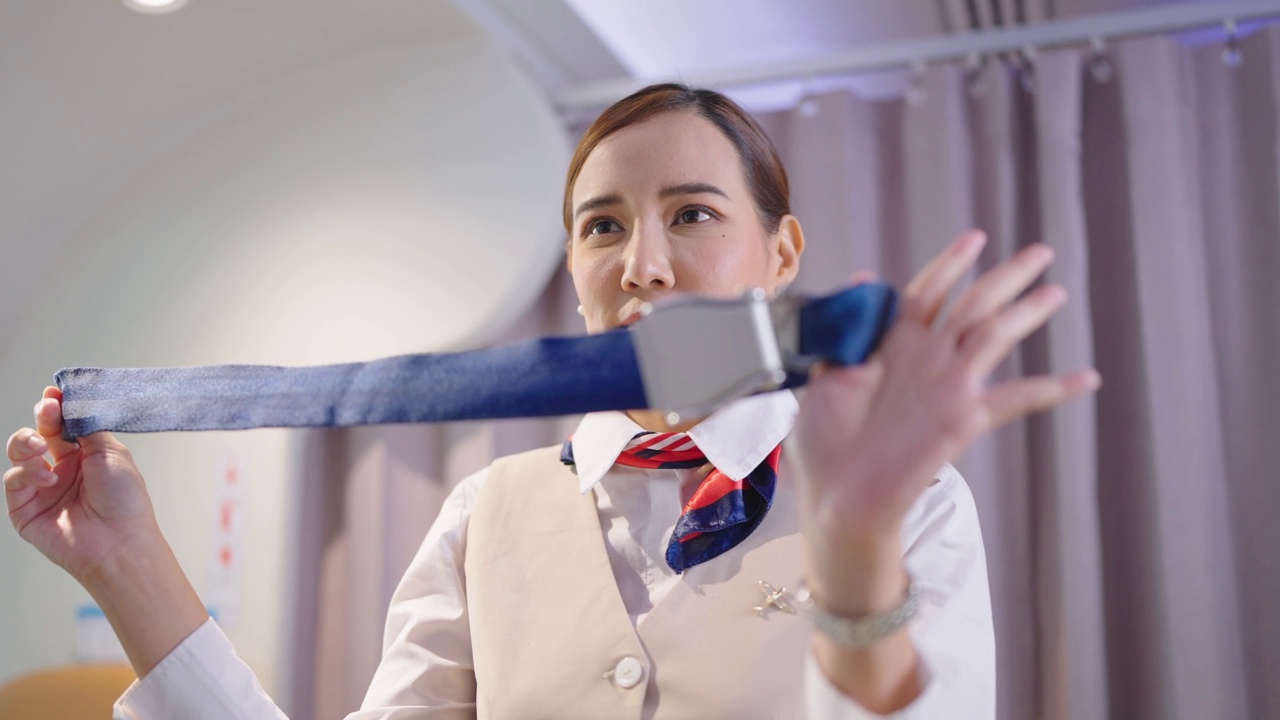 身穿空姐制服的空姐在机舱内示范如何系好安全带。视频素材