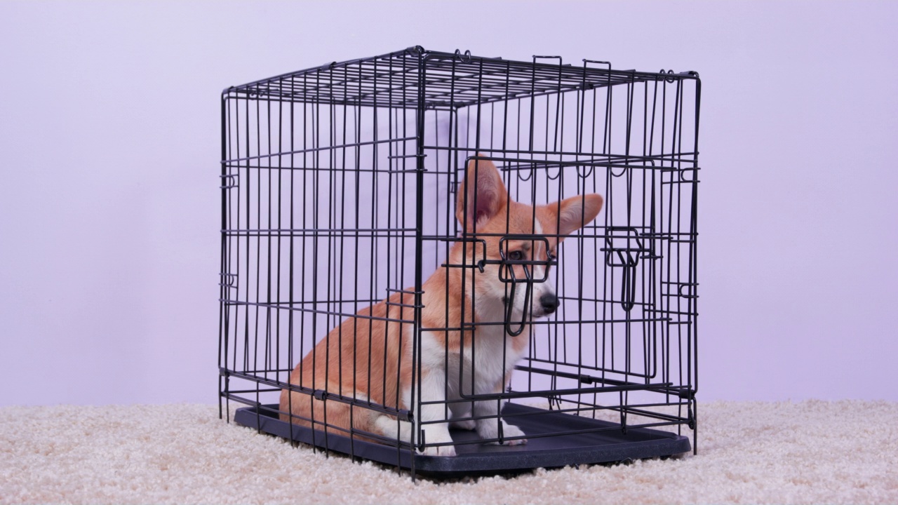 威尔士柯基彭布罗克会被关在笼子里，作为对其不良行为的惩罚，或者当主人不在家的时候。安全运输宠物的设备视频下载