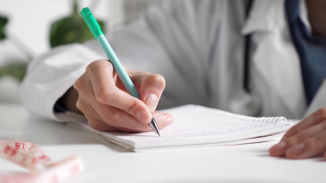 手写日记。记录患者信息。一个女医生坐在医务室的桌子旁视频下载