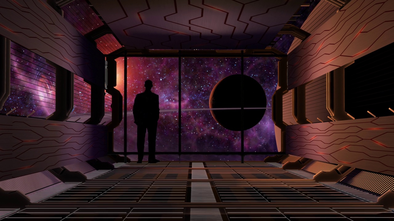 在虚拟现实房间里的人可以看到外太空的行星视频下载