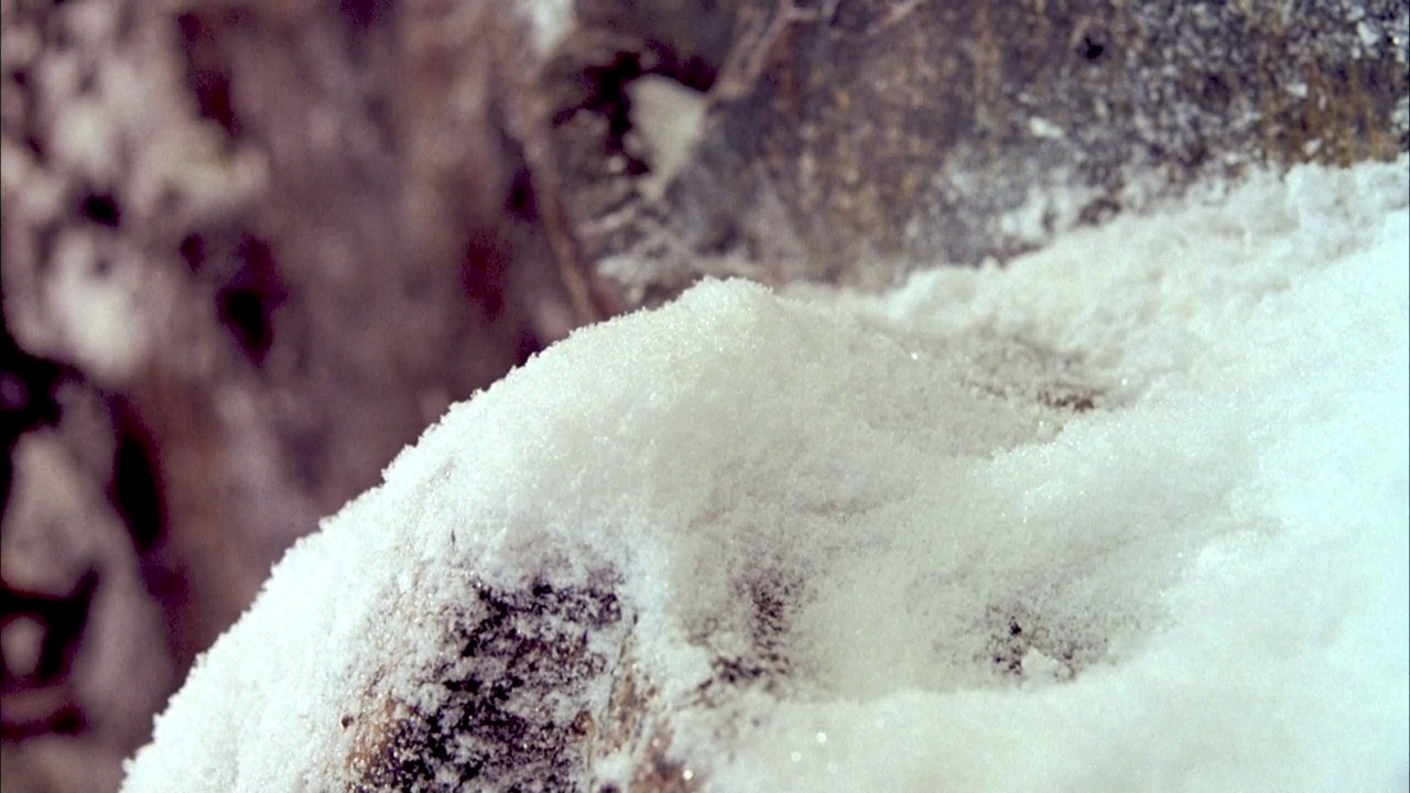 岩石或雪山表面覆盖粉末状雪的近角度。视频下载