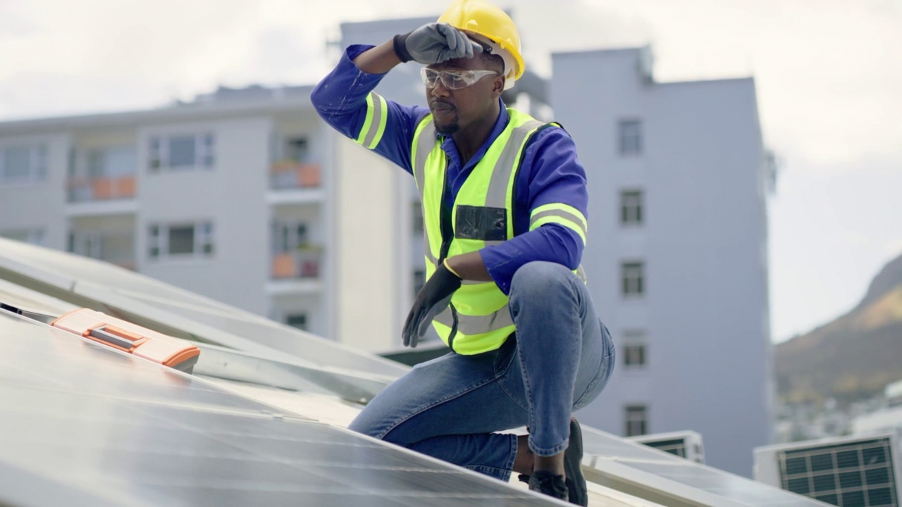 一位年轻的非洲裔美国人在安装太阳能电池板时看起来很疲惫。一名男员工在建筑工地的一幢建筑上感到炎热和压力视频下载