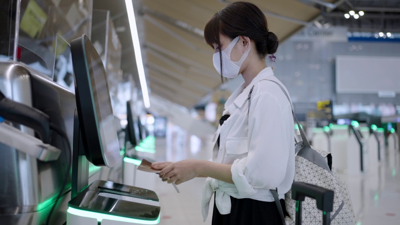 一名戴口罩的亚洲年轻女子在机场候机楼自助办理登机手续和装行李视频素材
