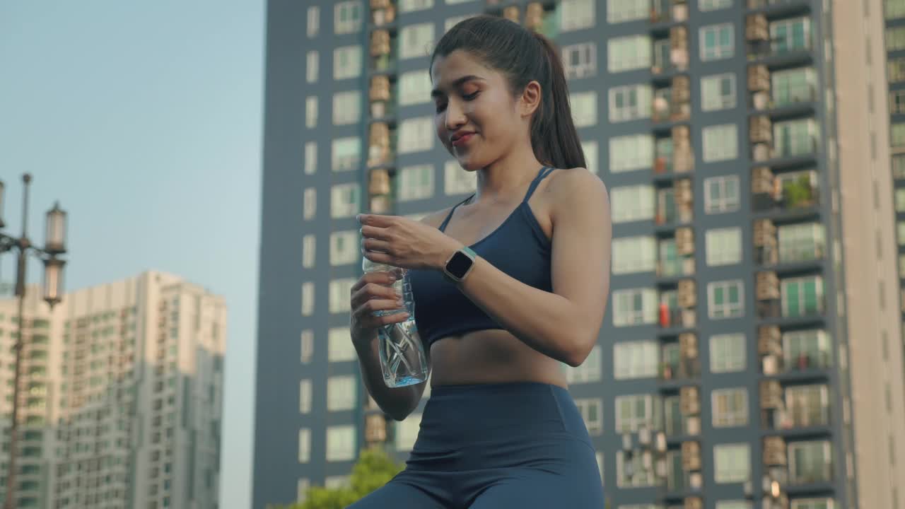 亚洲年轻女运动员在公园里锻炼后喝瓶装水。视频素材
