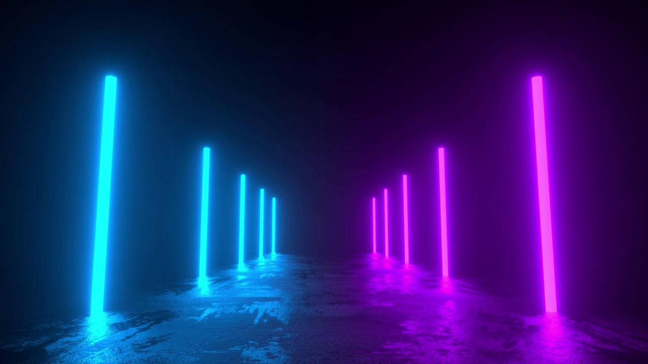往前走，是一条被蓝色和紫色霓虹灯照亮的混凝土走廊。4 k视频动画视频素材