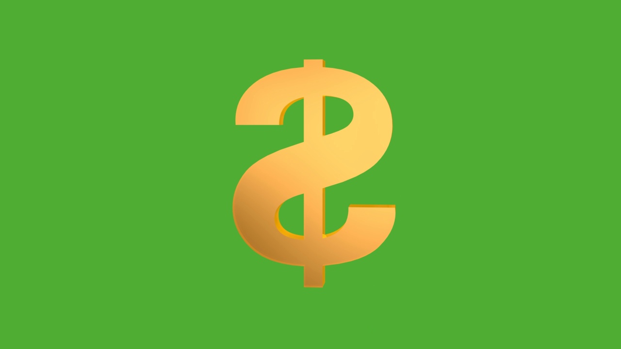 绿色屏幕上的金色美元符号在旋转。财务及经营理念，美元汇率。视频下载
