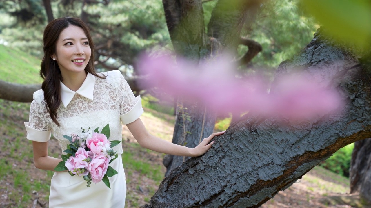 婚礼-年轻的新娘倚在树上休息/韩国视频下载