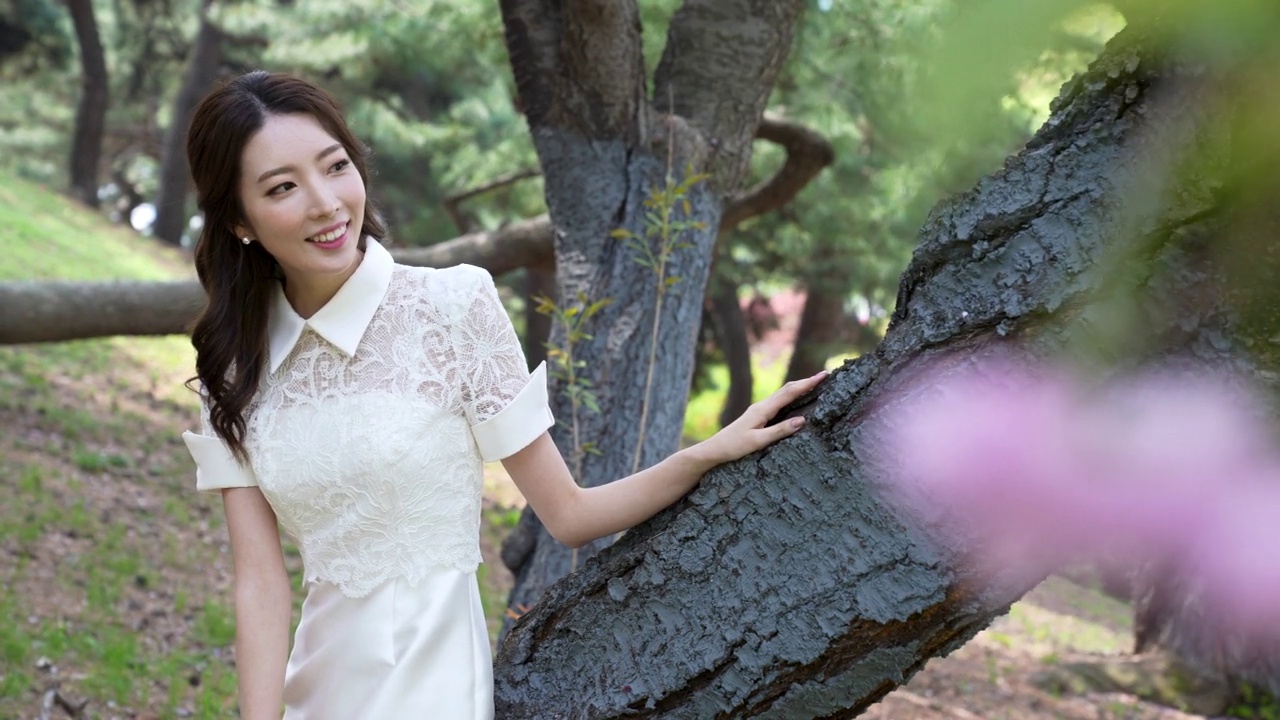 婚礼-年轻的新娘倚在树上休息/韩国视频下载