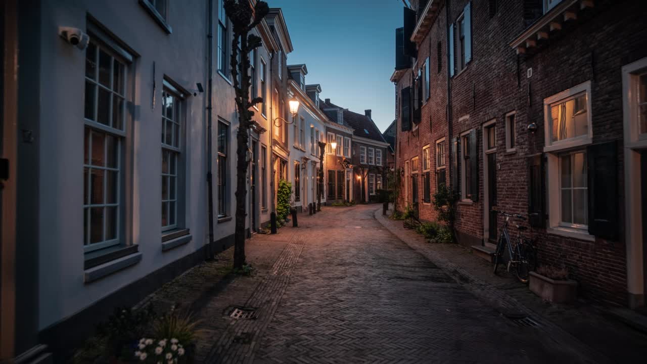 荷兰阿默斯福特的老城街道和房屋-跟踪拍摄视频下载