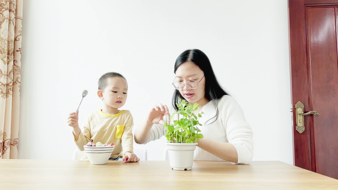 亚洲母亲和儿子在厨房里做水果沙拉视频下载