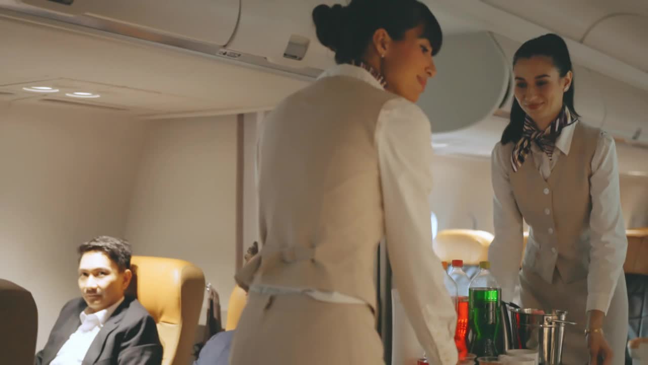空中小姐在飞机上为旅客提供食物和饮料。视频素材