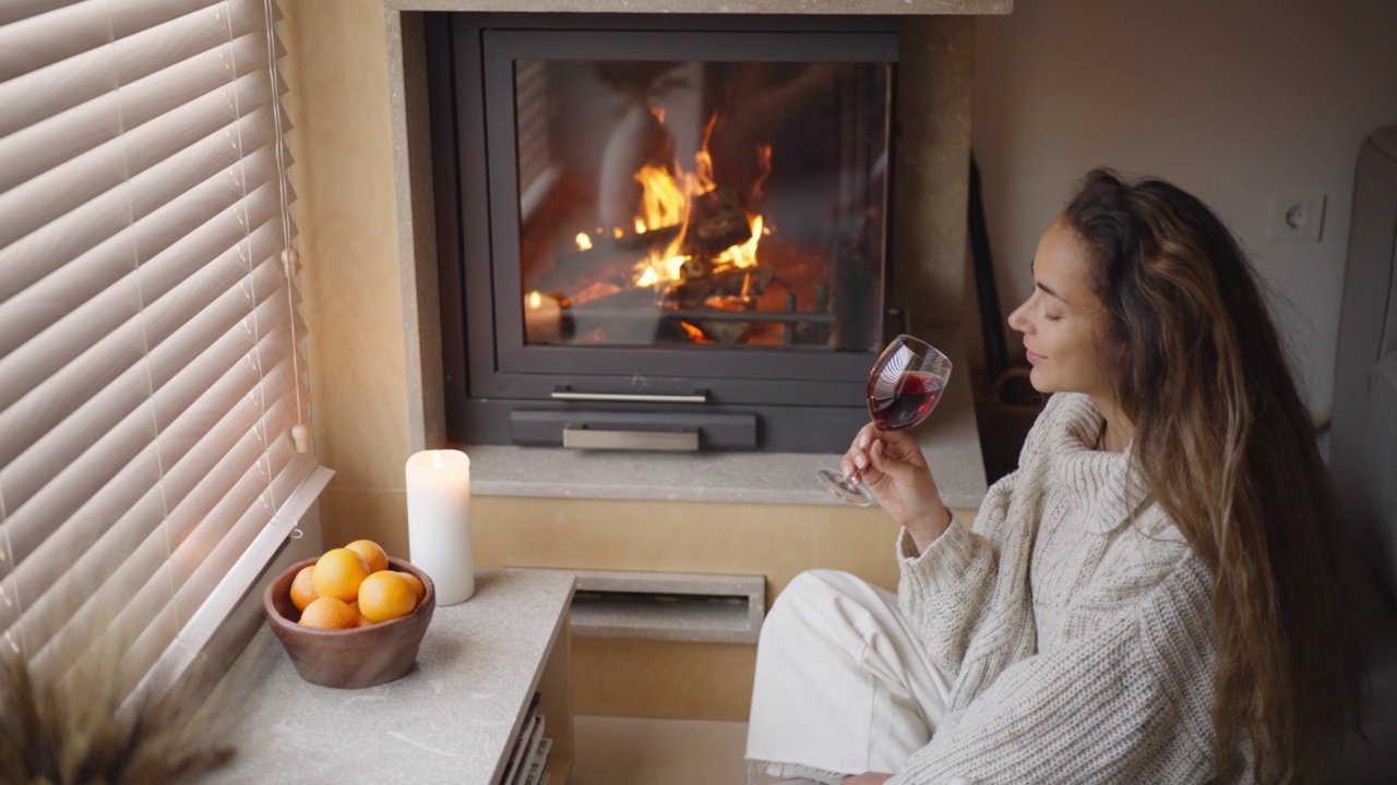 舒适的家。年轻女子在壁炉旁喝红酒。视频下载