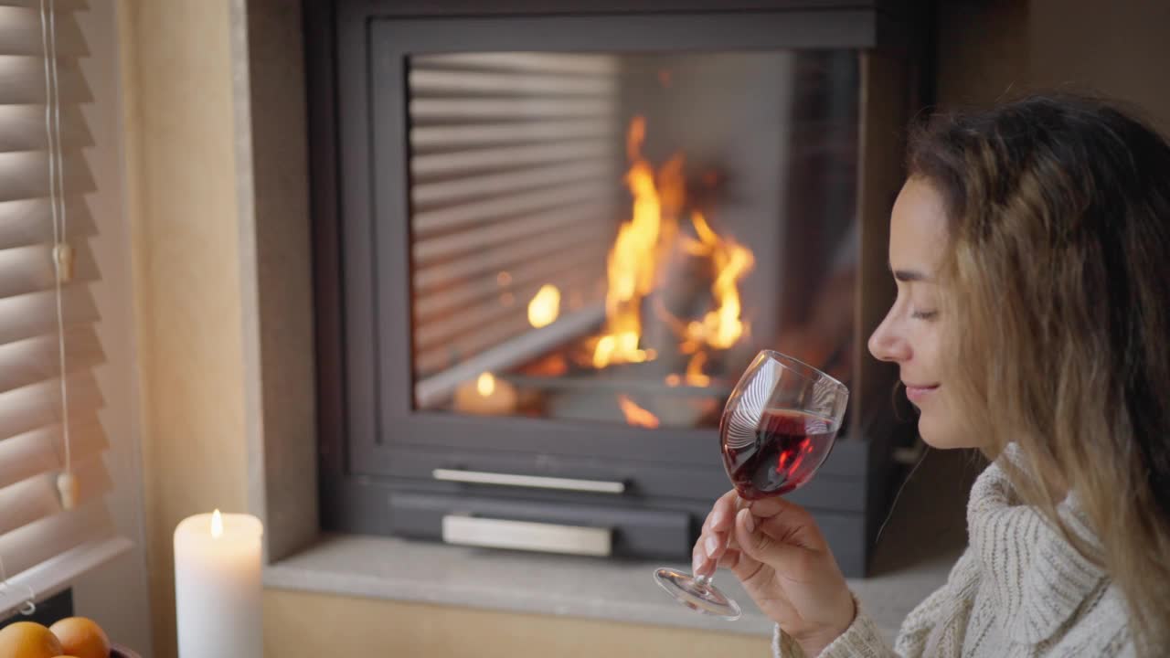 舒适的家。年轻女子在壁炉旁喝红酒。视频下载