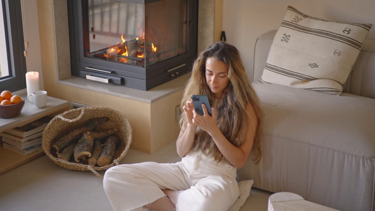 年轻女子坐在壁炉旁使用智能手机。视频下载