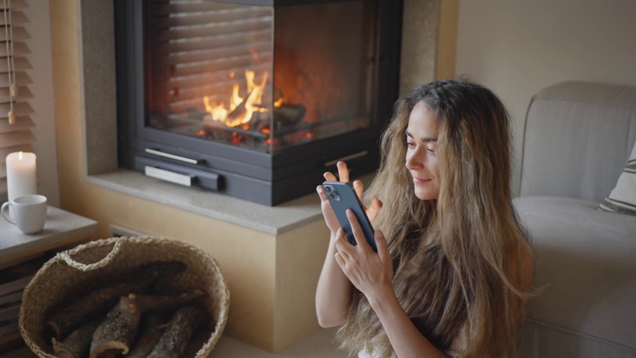 年轻女子坐在壁炉旁使用智能手机。视频下载