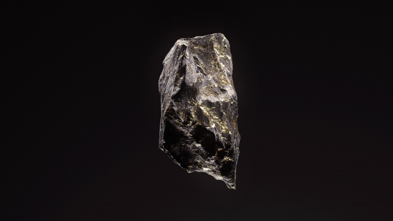 抽象的3D动画黑色石头与金色的静脉旋转失重。柔和的光线照亮了石头的纹理。视频下载