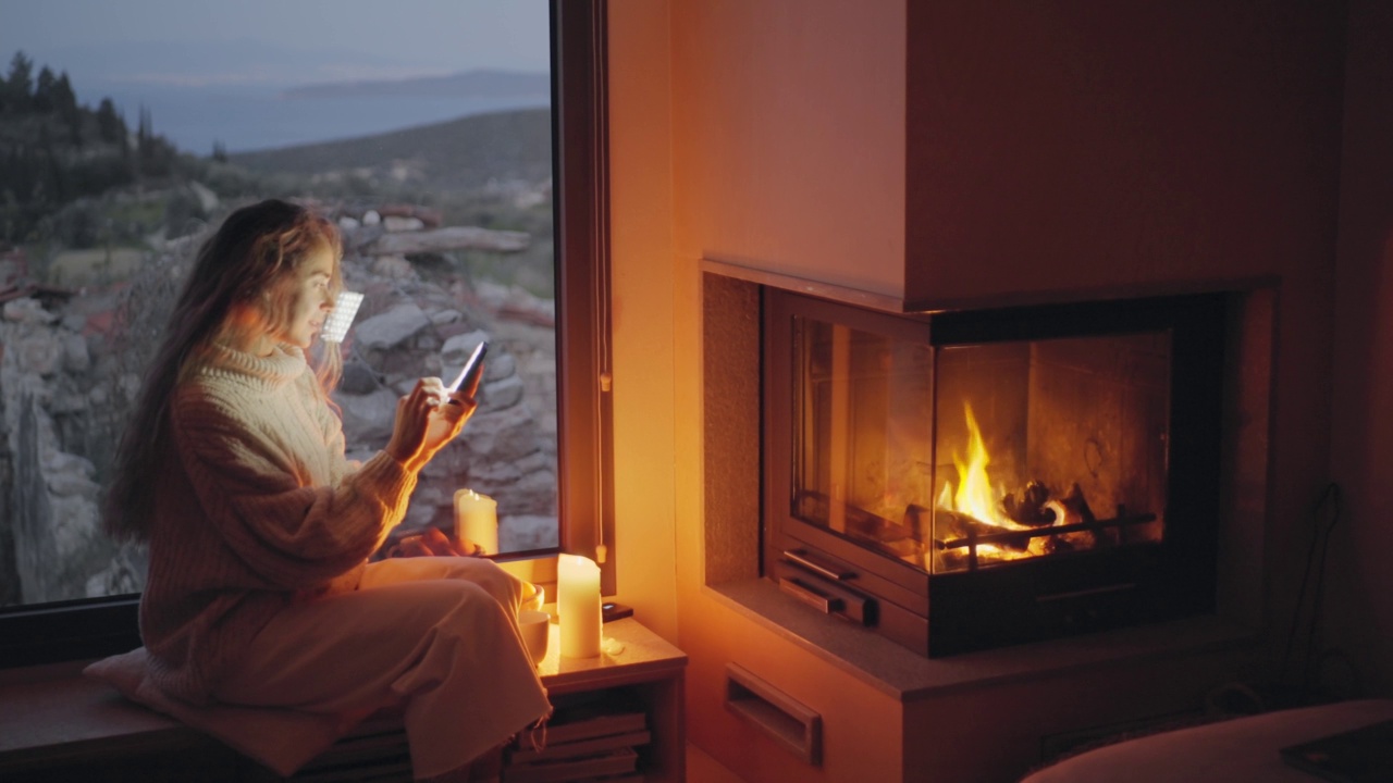 年轻女子晚上坐在壁炉旁使用智能手机。视频下载