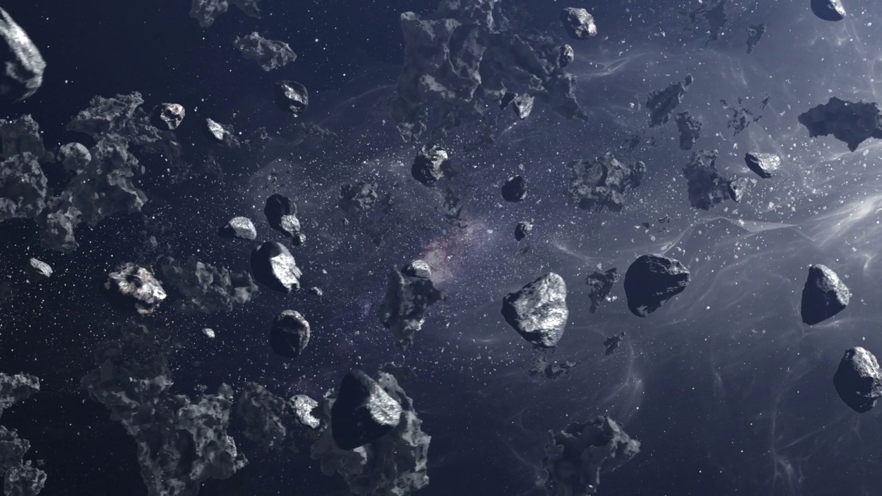 巨大的小行星岩石在太空中飞行，银河系流星在太空深处旋转视频素材