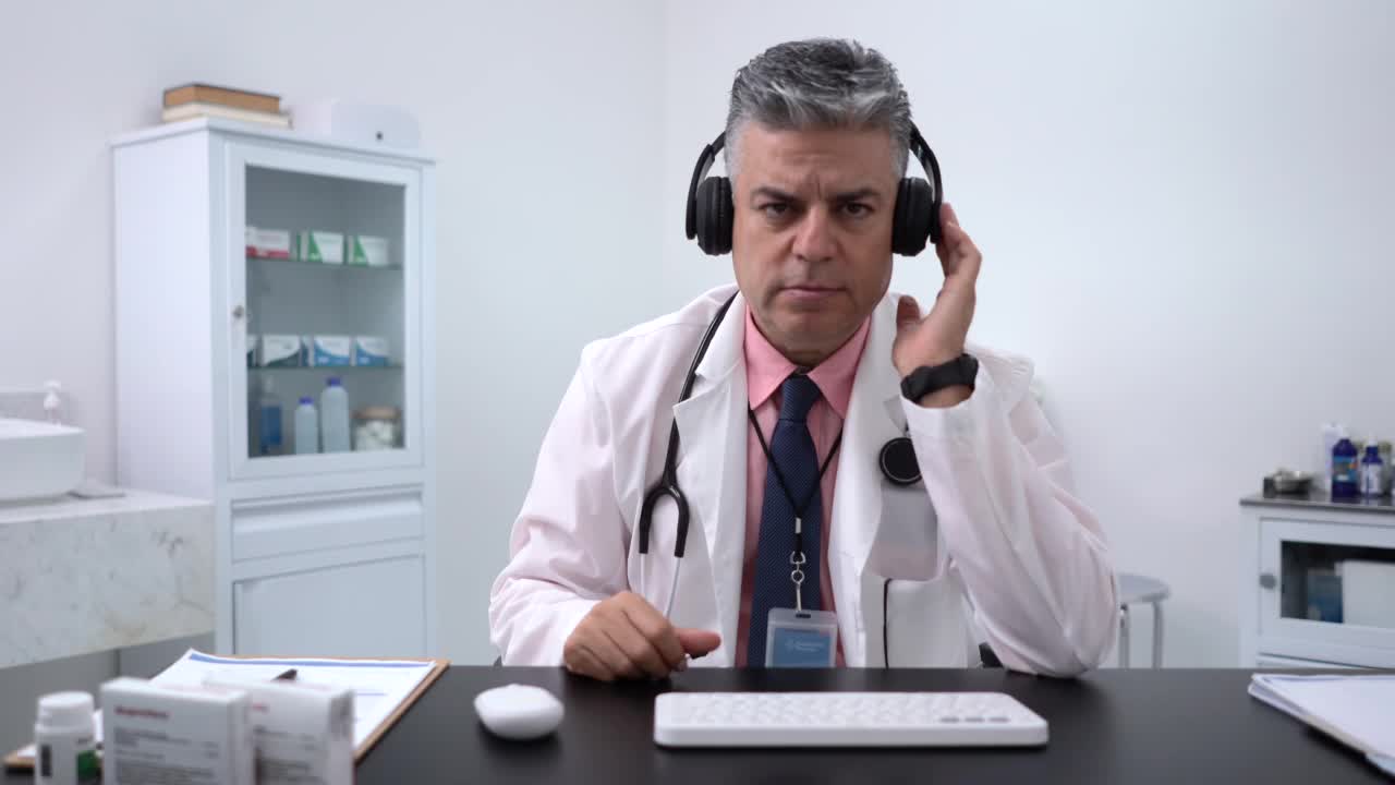 微笑医生画像戴着耳机在线咨询病人视频素材