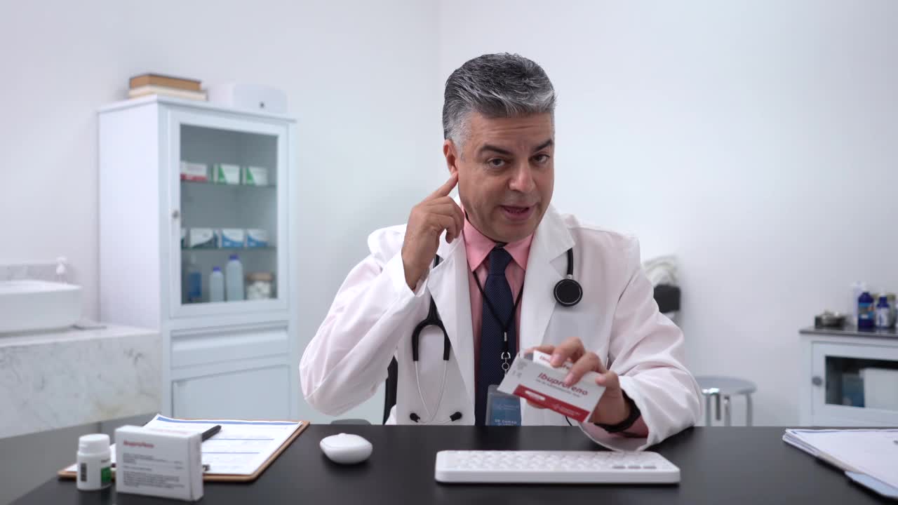 男医生在线会诊给病人看药视频素材