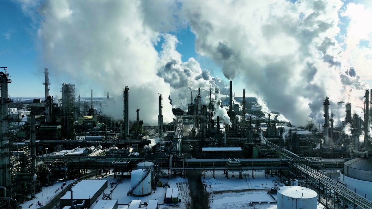 工业工厂的大烟囱污染大气。冬天的空中。股票视频视频素材