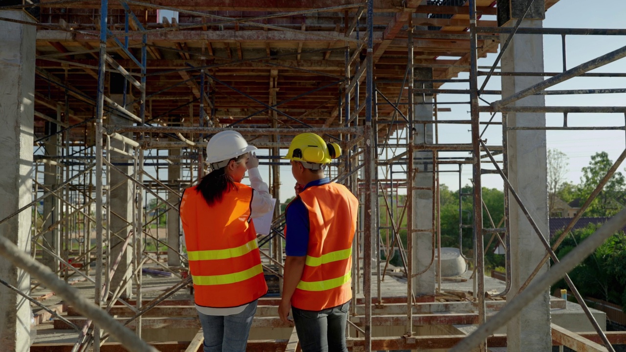 年轻的亚洲女工程师和工头拿着蓝图在施工现场检查施工是否按计划进行。视频素材