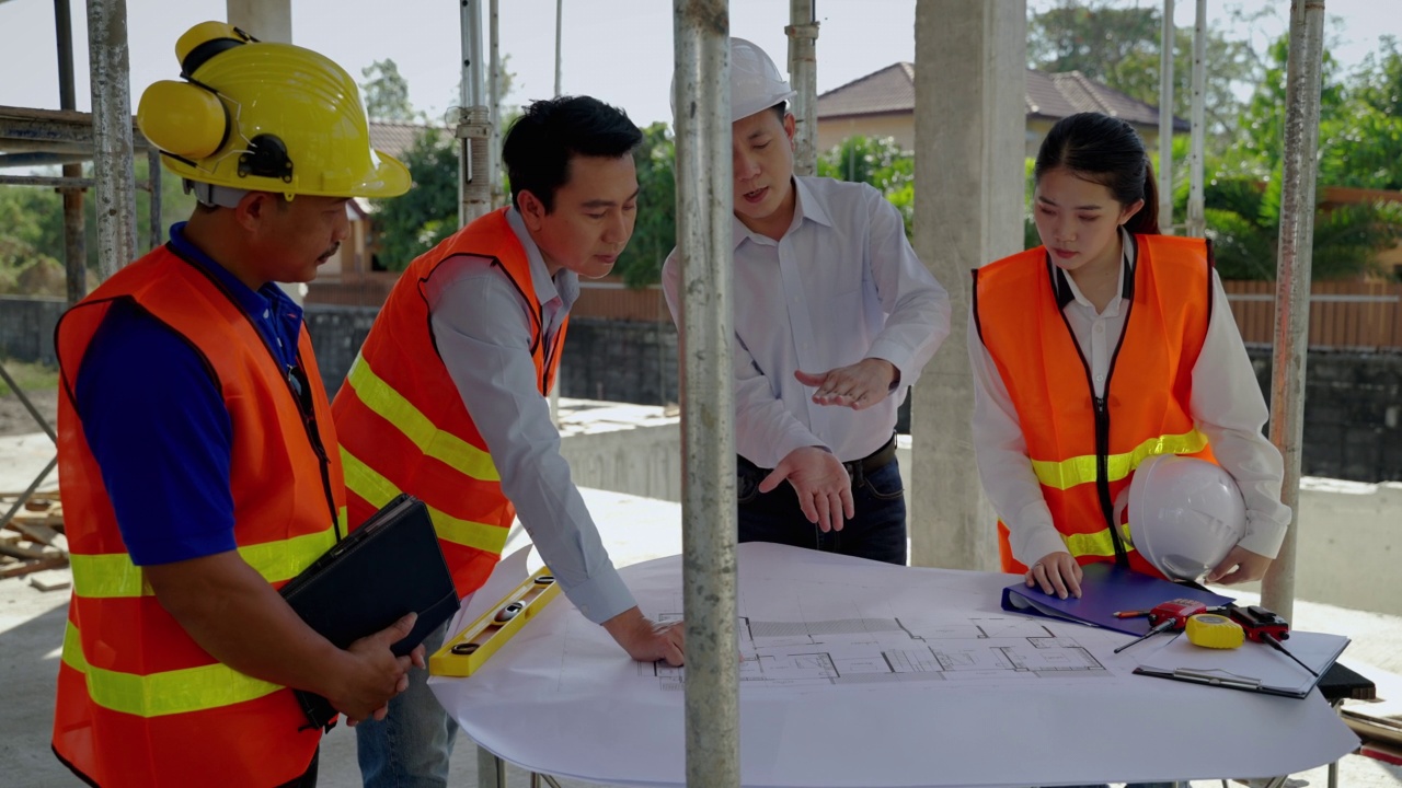 土木工程队与建筑师和工头一起在施工现场观看蓝图和规划建筑的建设。视频素材