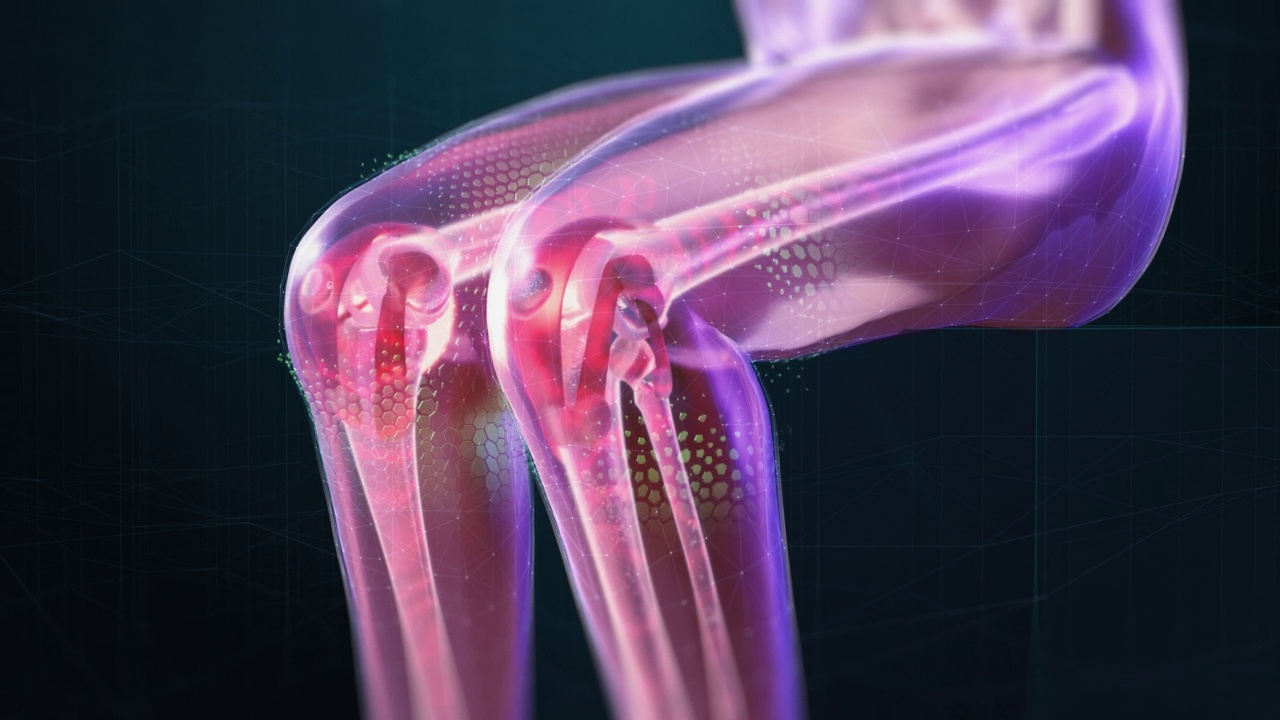 VFX关节和膝盖疼痛虚拟现实呈现渲染。动画人物经历了腿部创伤或关节炎的不适。示意图医学可视化。视频下载