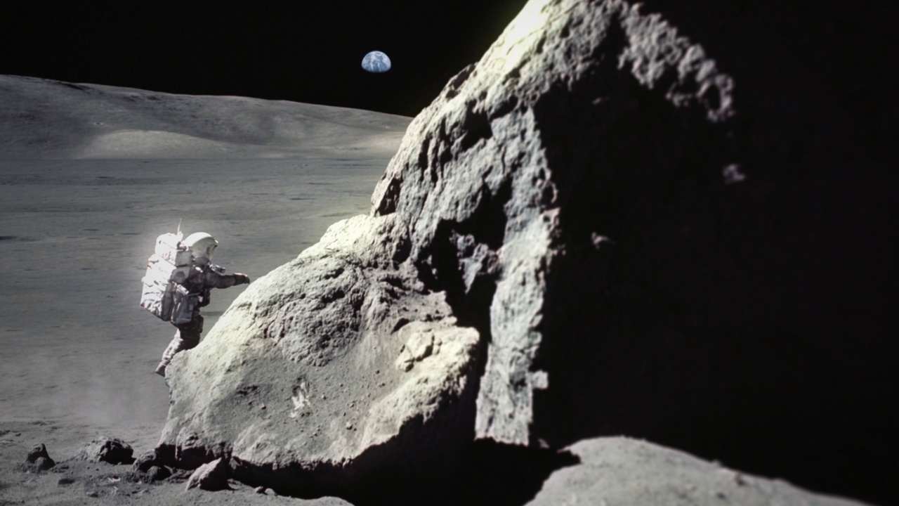 宇航员探索月球。天空中遥远的行星地球视频素材