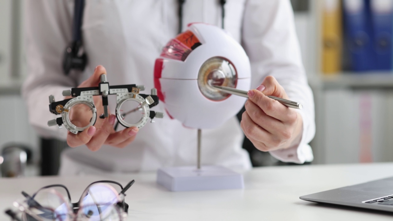 眼科医生展示眼镜装配光学和人眼模型视频下载