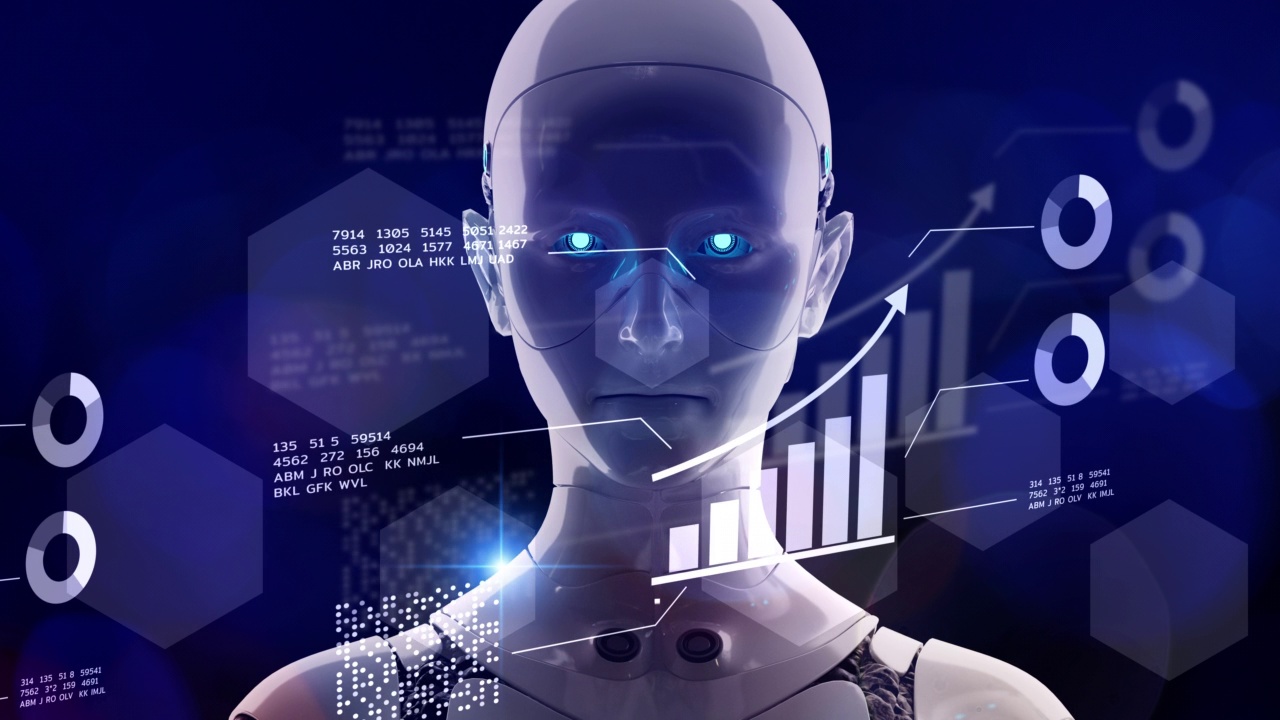 机器人交易元业务金融证券交易所市场交易图表经济金融规划业务增长管理数据分析，3D机器人烛台图背景视频素材