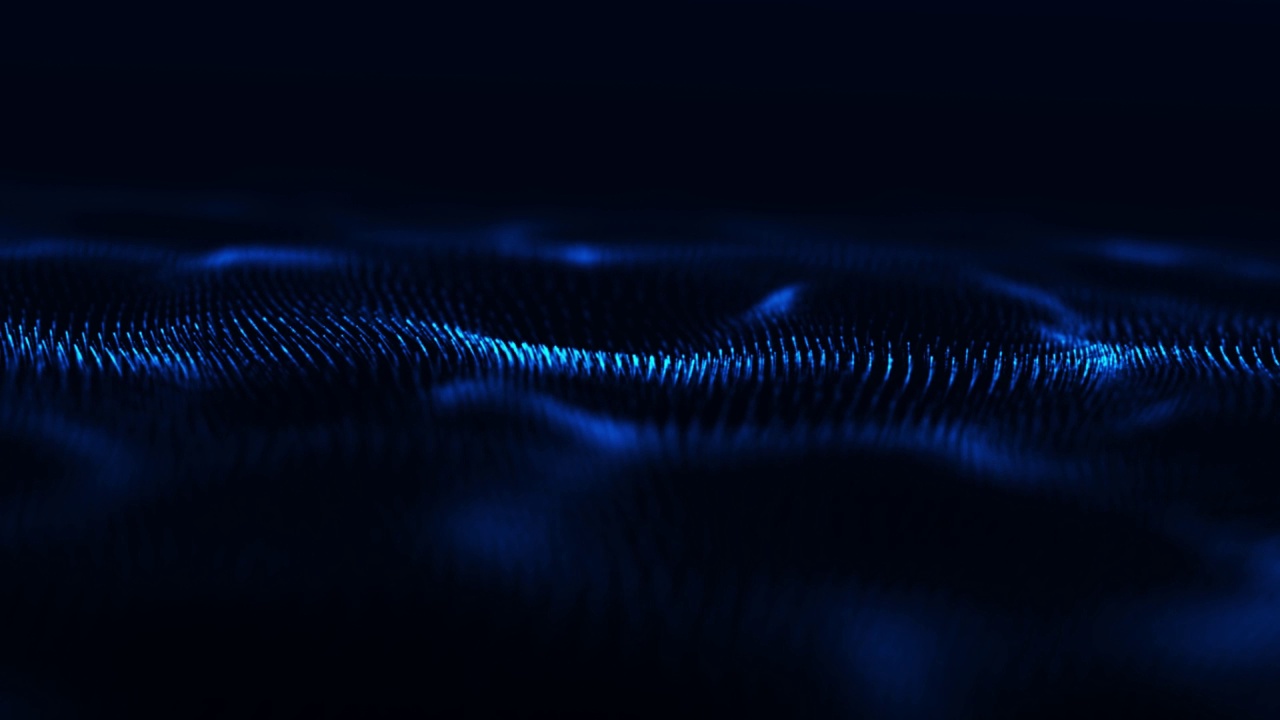摘要蓝色波浪粒子在暗色背景上的光效应，与数字技术相连接，创新视频概念视频素材