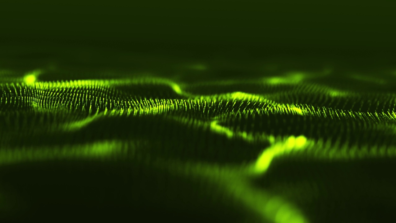 摘要:绿色波粒子在暗色背景下的光效应，与数字技术相连接，创新视频概念视频素材