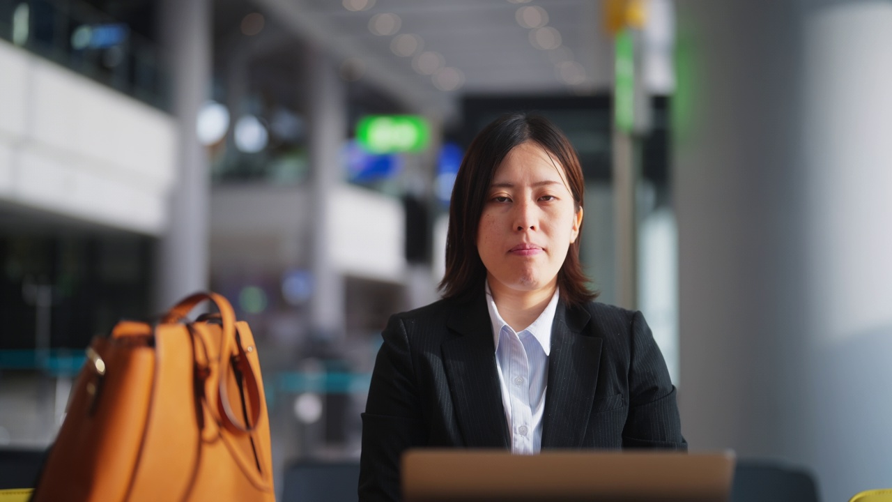 女商人在机场等飞机时用笔记本电脑工作的肖像。商务旅行视频下载