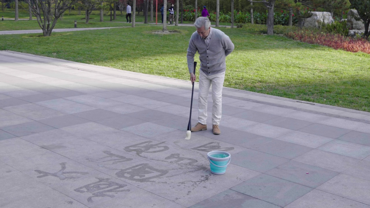 老人在公园练习书法，4K视频素材