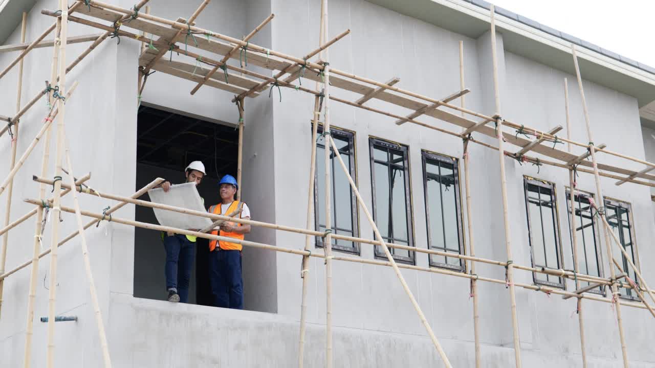 4K低视角。白人男性和亚洲老人土木工程师拿着蓝图一起在阳台上工作。视频素材