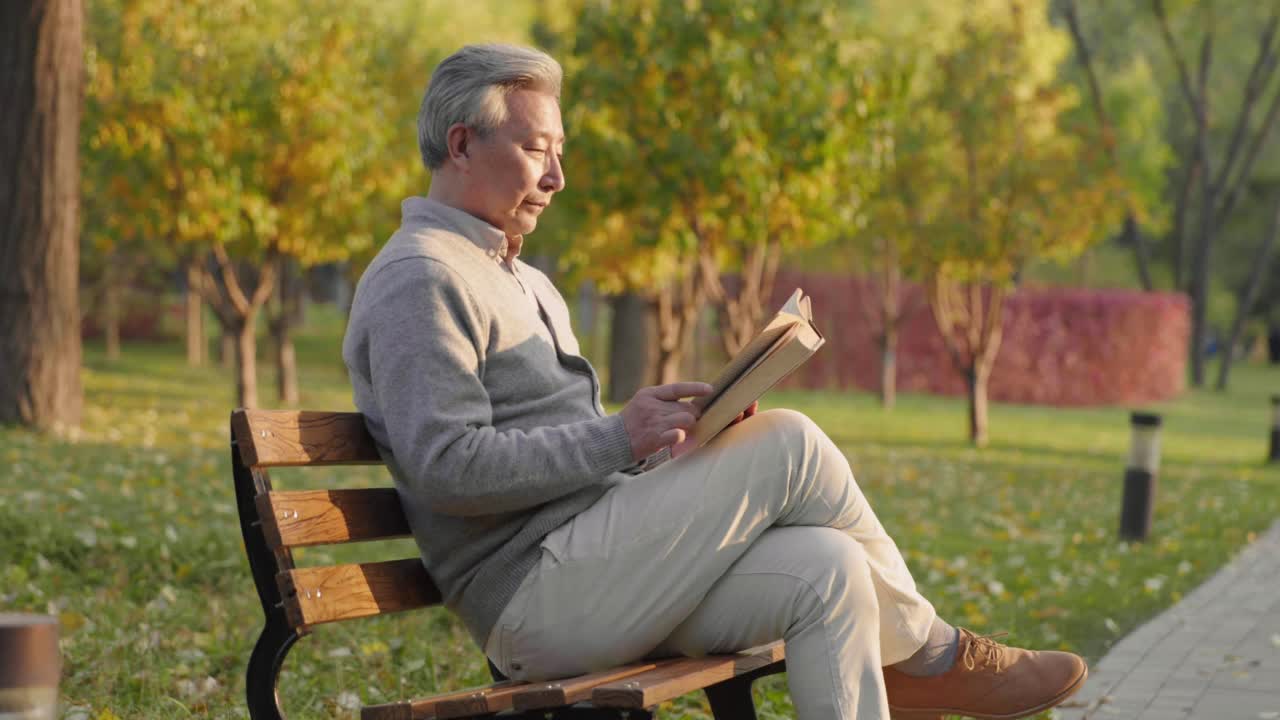老人在公园看书，4K视频素材