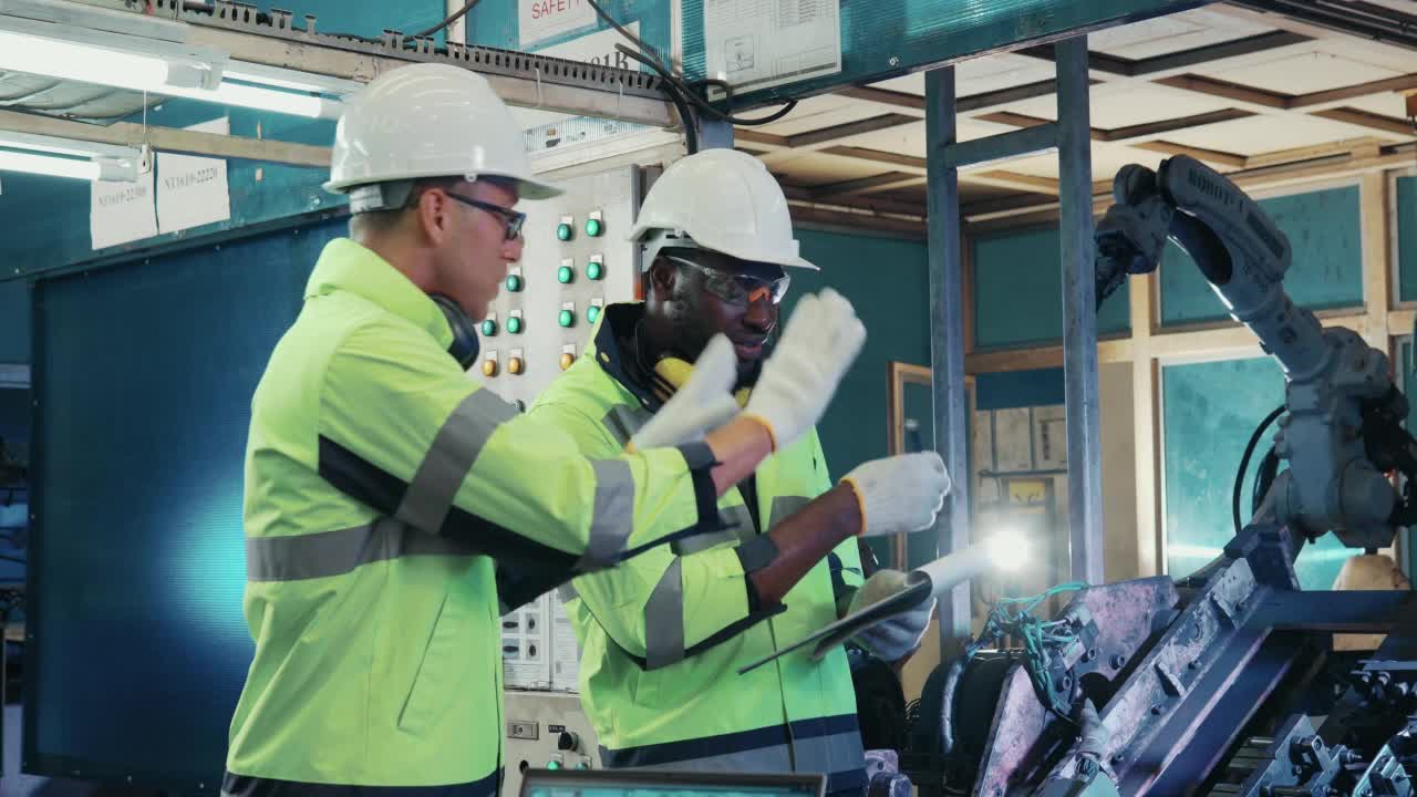 一组从事防护工作的技术工程师，负责控制和指导在工厂中的工业机器人上工作的机械臂的维护视频下载